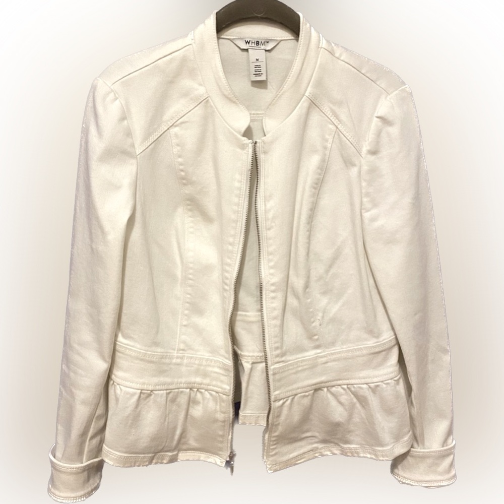 WHite House Black Market white denim jacket with decorative ruffle